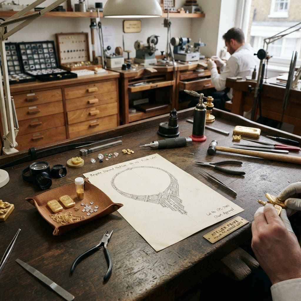 Jewellery design sketch beside raw gold