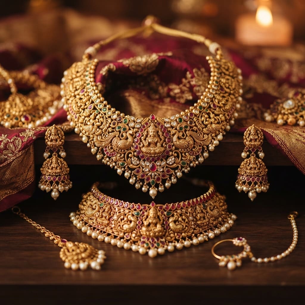 Handcrafted gold bridal jewellery set