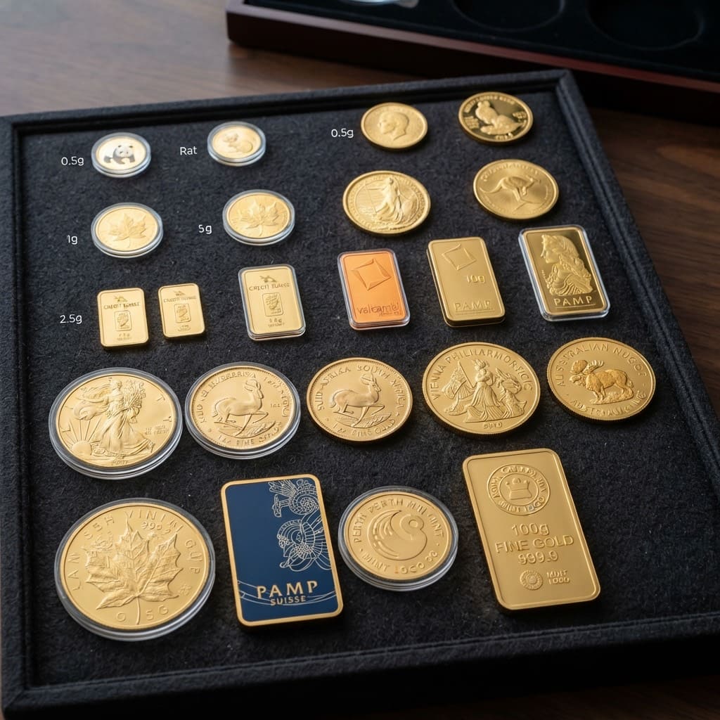 Minted gold coins displayed together