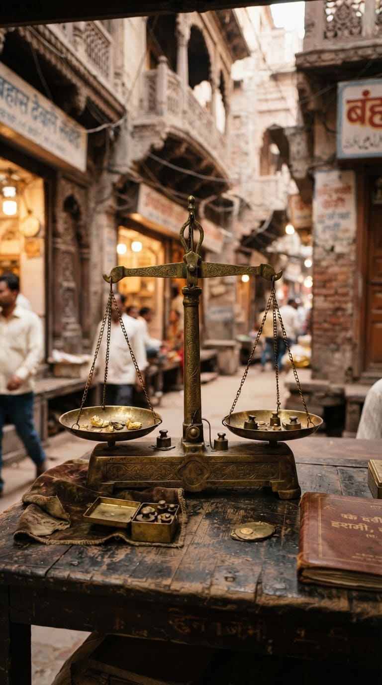 Antique brass scale weighing gold, a symbol of three generations of bullion trade