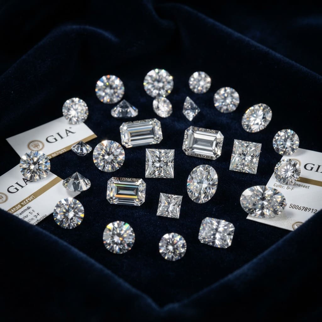 Loose brilliant-cut diamonds scattered on dark velvet